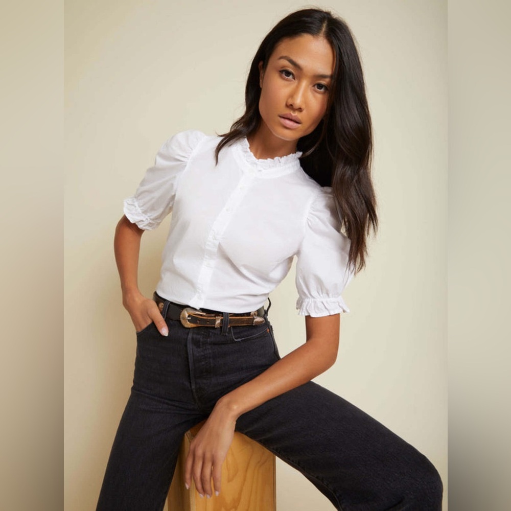 Nation LTD White Ruffled Puff Sleeve Blouse